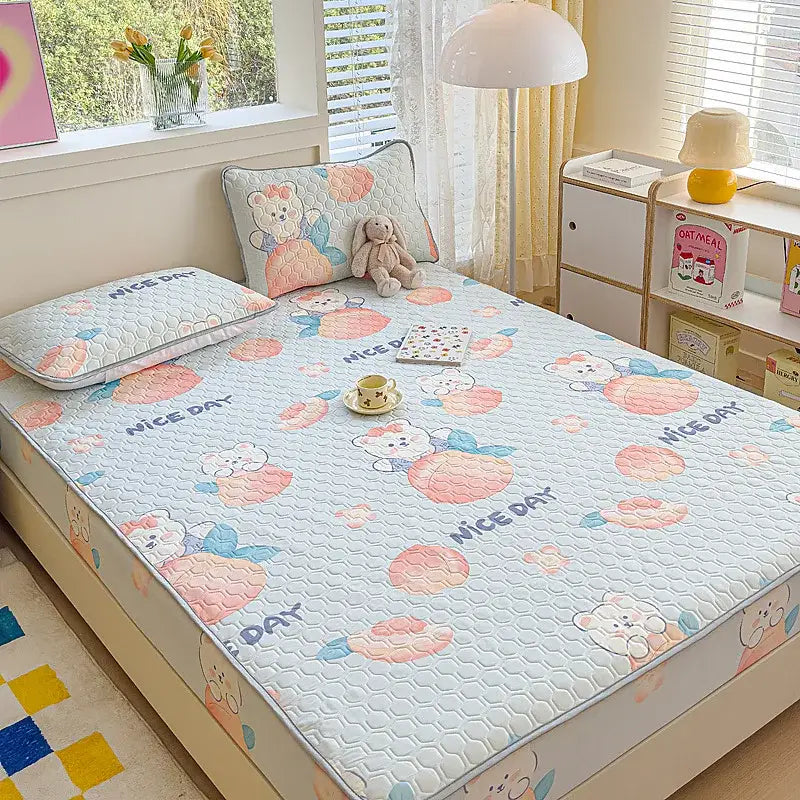 Pastel floral quilted latex fitted sheet set bedroom bed pad