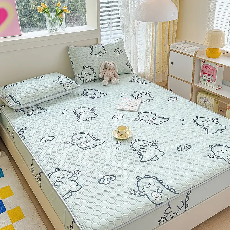 Pastel floral quilted latex fitted sheet set bedroom bed pad