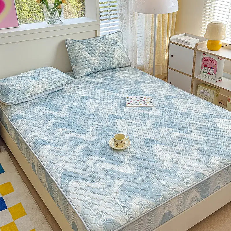 Pastel floral quilted latex fitted sheet set bedroom bed pad