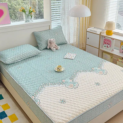 Pastel floral quilted latex fitted sheet set bedroom bed pad