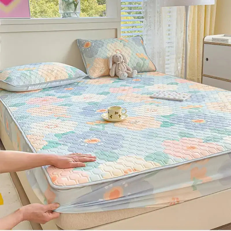 Pastel floral quilted latex fitted sheet set bedroom bed pad