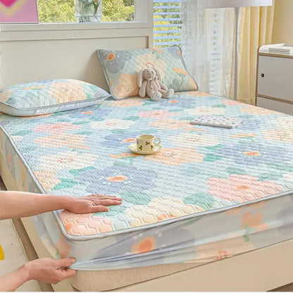 Pastel floral quilted latex fitted sheet set bedroom bed pad