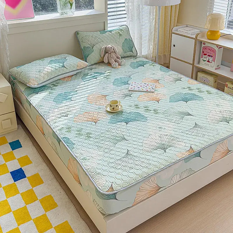 Pastel floral quilted latex fitted sheet set bedroom bed pad