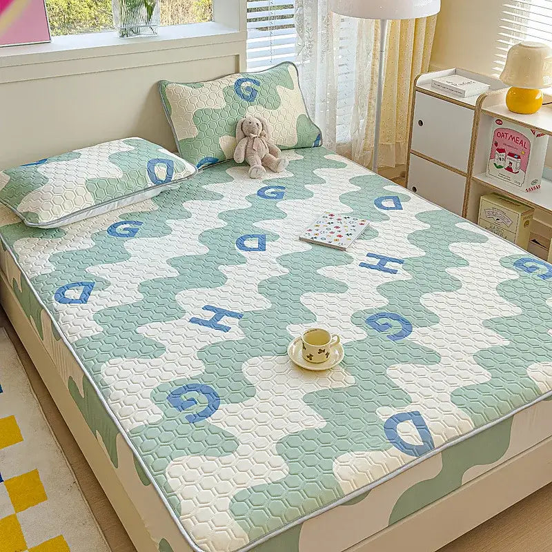 Pastel floral quilted latex fitted sheet set bedroom bed pad