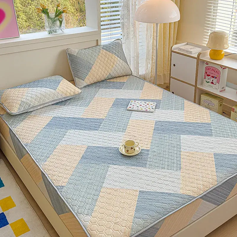 Pastel floral quilted latex fitted sheet set bedroom bed pad