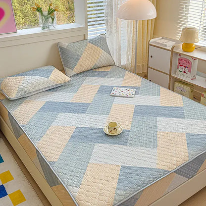 Pastel floral quilted latex fitted sheet set bedroom bed pad