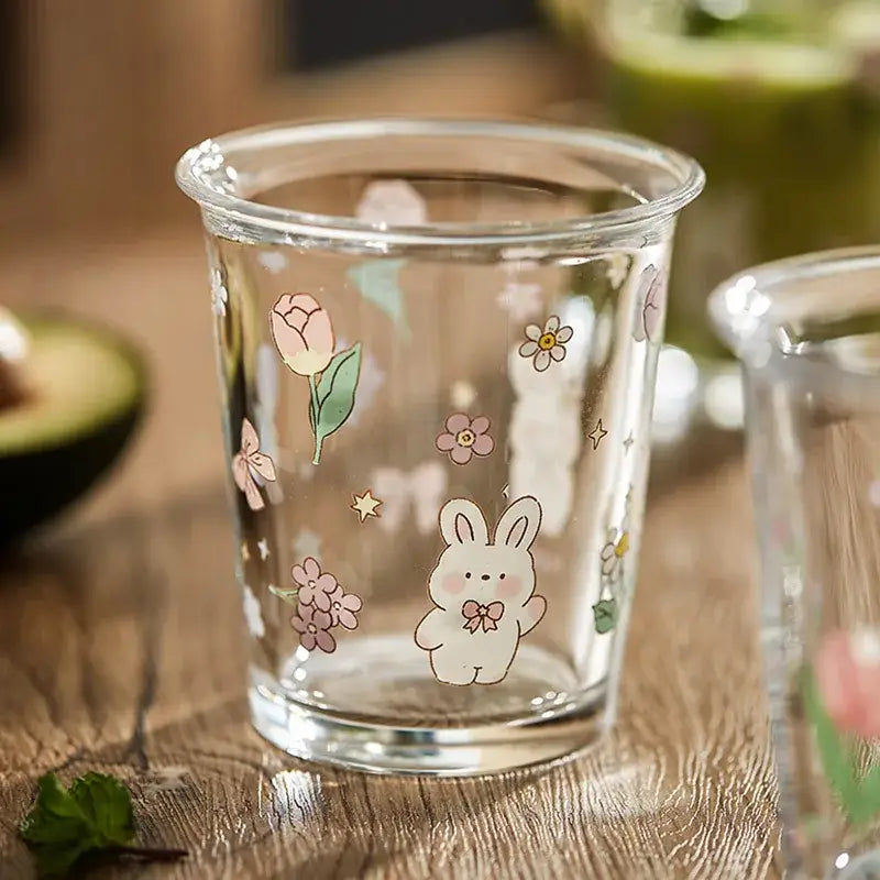 Pastel floral rabbit glass tea coffee cup kitchen tumbler