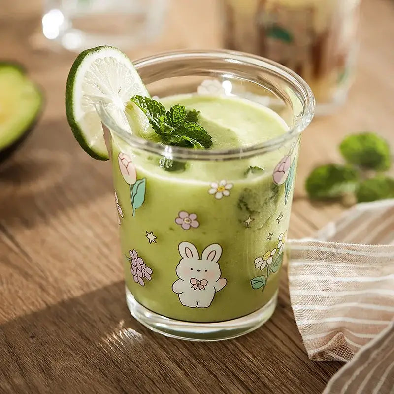Pastel floral rabbit glass tea coffee cup kitchen tumbler
