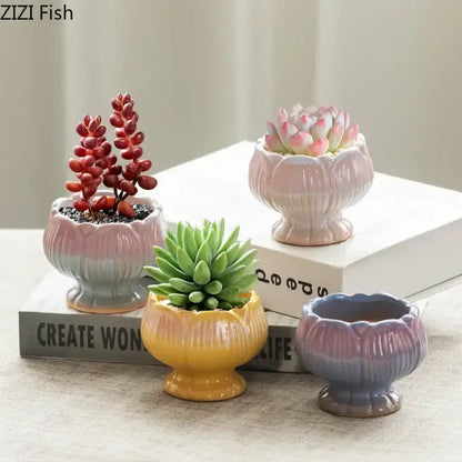 Pastel gradient lotus flower ceramic succulent pots bedroom decor