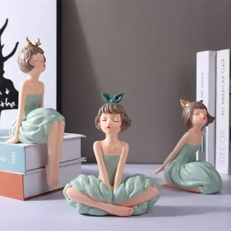 Pastel green bowknot fairy girl figurine bedroom decor