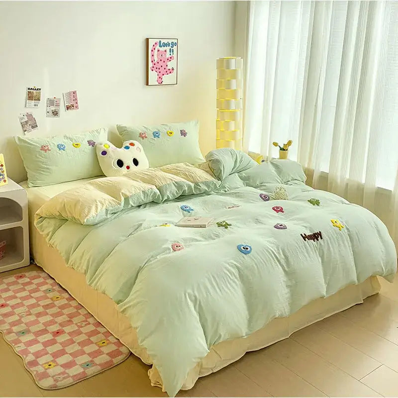 Pastel green cartoon embroidery bedding set bedroom quilted comforter