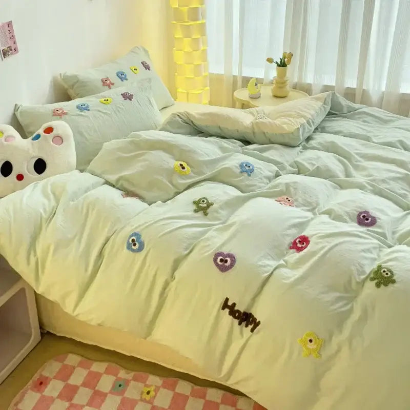 Pastel green cartoon towel embroidery bedding set bedroom decor