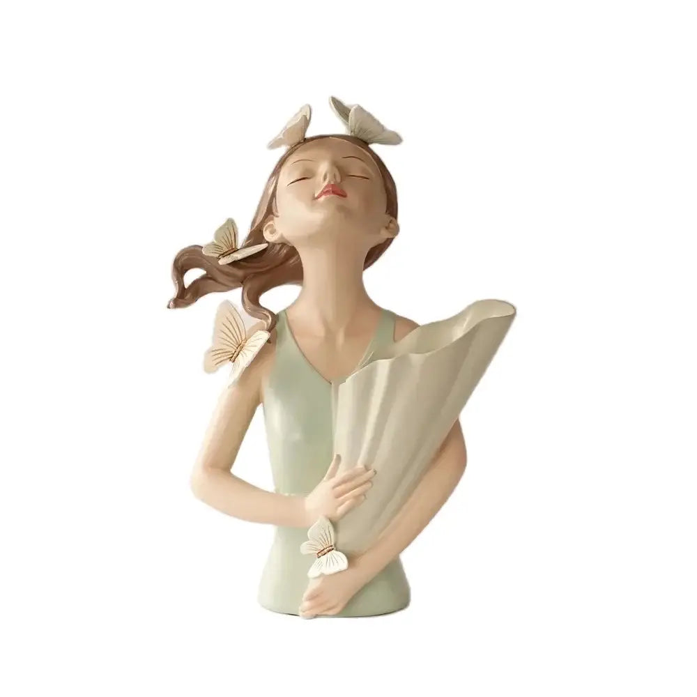 Pastel green & peach butterfly girl vase statue living room decor