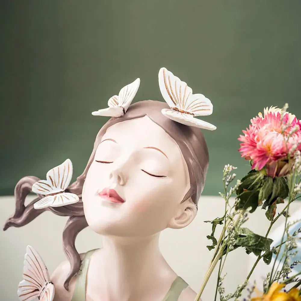 Pastel green & peach butterfly girl vase statue living room decor