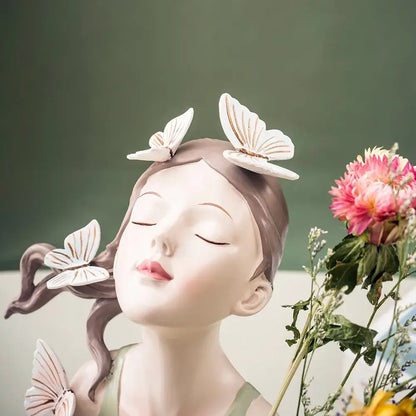 Pastel green & peach butterfly girl vase statue living room decor