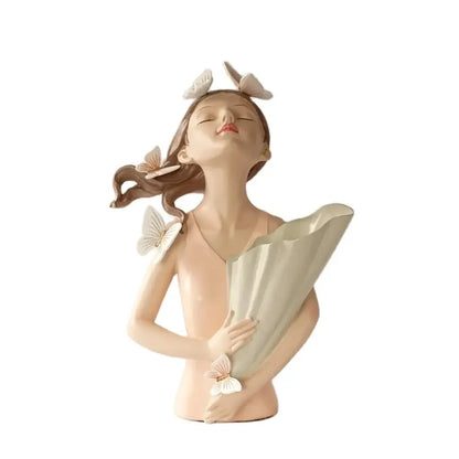 Pastel green & peach butterfly girl vase statue living room decor