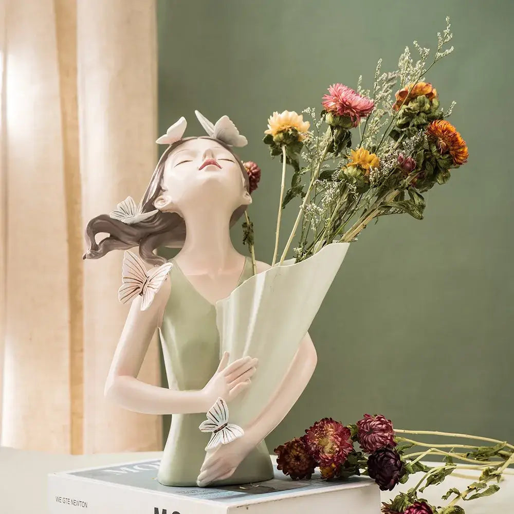 Pastel green & peach butterfly girl vase statue living room decor