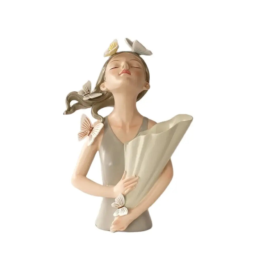 Pastel green & peach butterfly girl vase statue living room decor