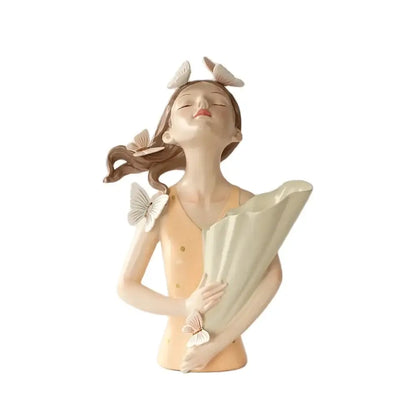 Pastel green & peach butterfly girl vase statue living room decor