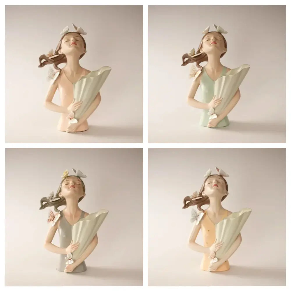 Pastel green & peach butterfly girl vase statue living room decor