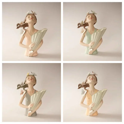 Pastel green & peach butterfly girl vase statue living room decor