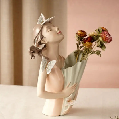 Pastel green & peach butterfly girl vase statue living room decor