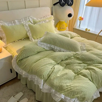 Pastel green & white lace bubble cotton bedding set bedroom duvet