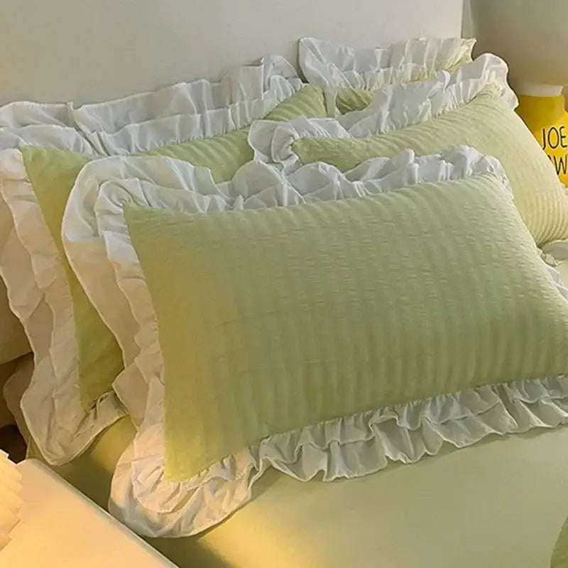 Pastel green & white lace bubble cotton bedding set bedroom duvet
