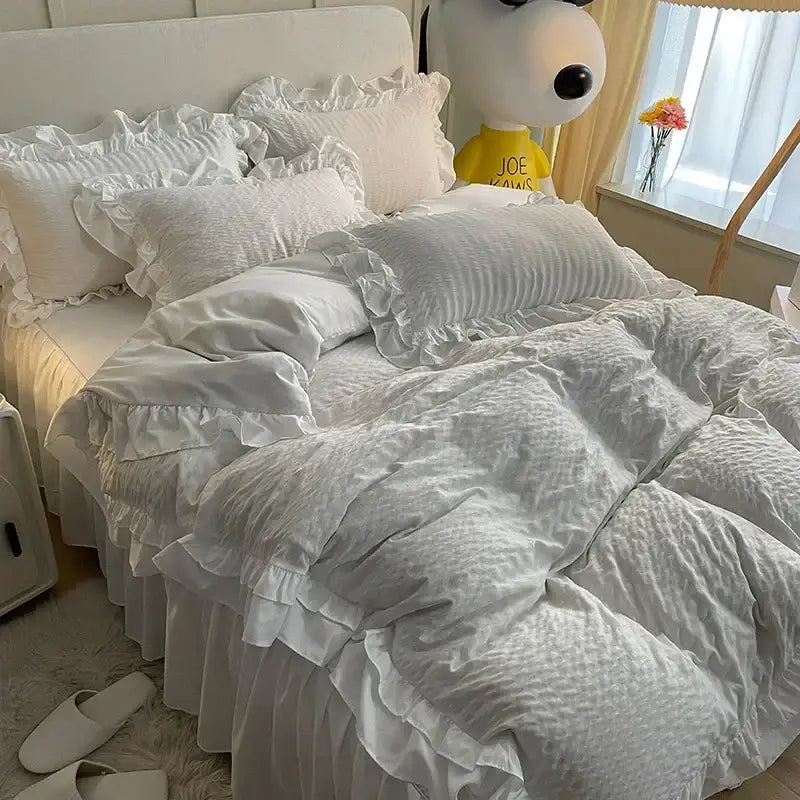 Pastel green & white lace bubble cotton bedding set bedroom duvet