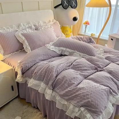 Pastel green & white lace bubble cotton bedding set bedroom duvet
