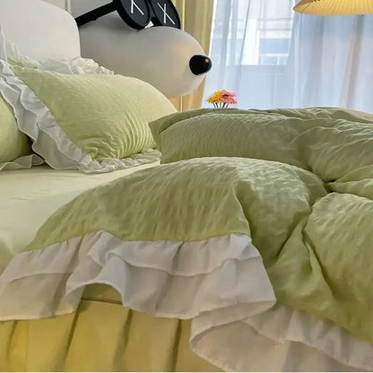 Pastel green & white lace bubble cotton bedding set bedroom duvet