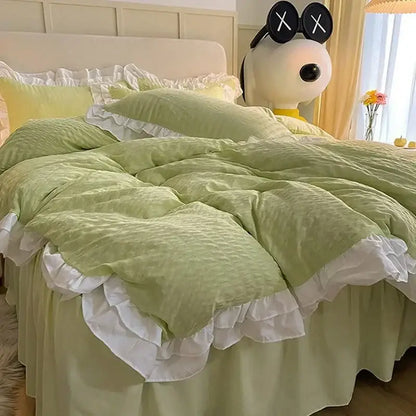 Pastel green & white lace bubble cotton bedding set bedroom duvet