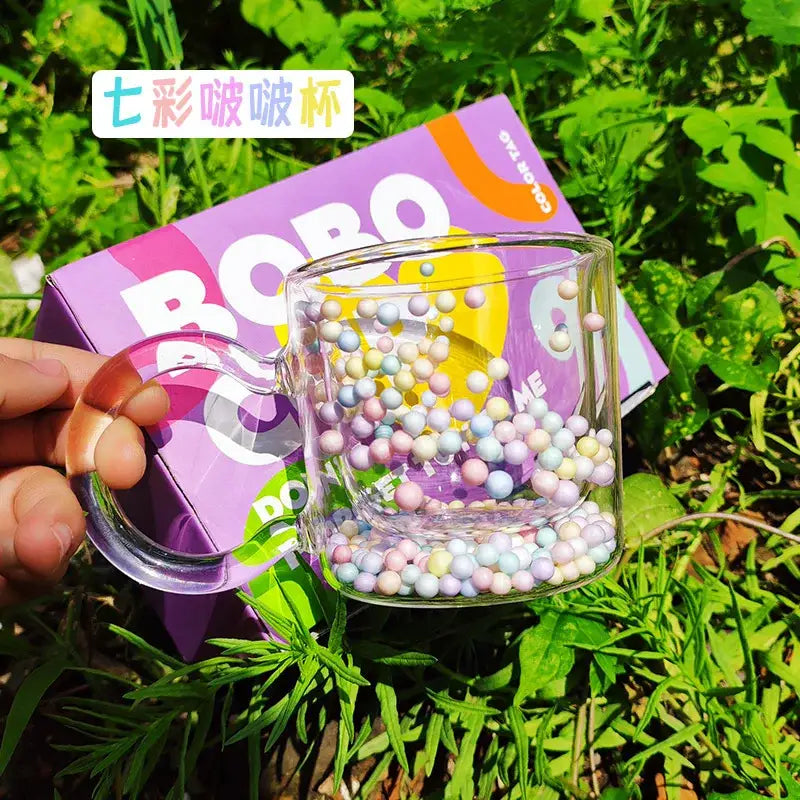 Pastel heart bubble quicksand double wall glass cup dining room