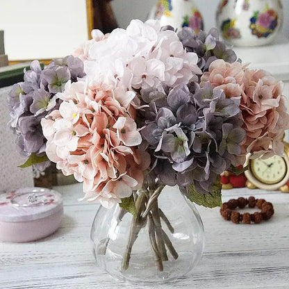 Pastel hydrangea branch silk flower bouquet dining room decor