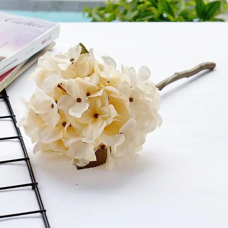 Pastel hydrangea branch silk flower bouquet dining room decor