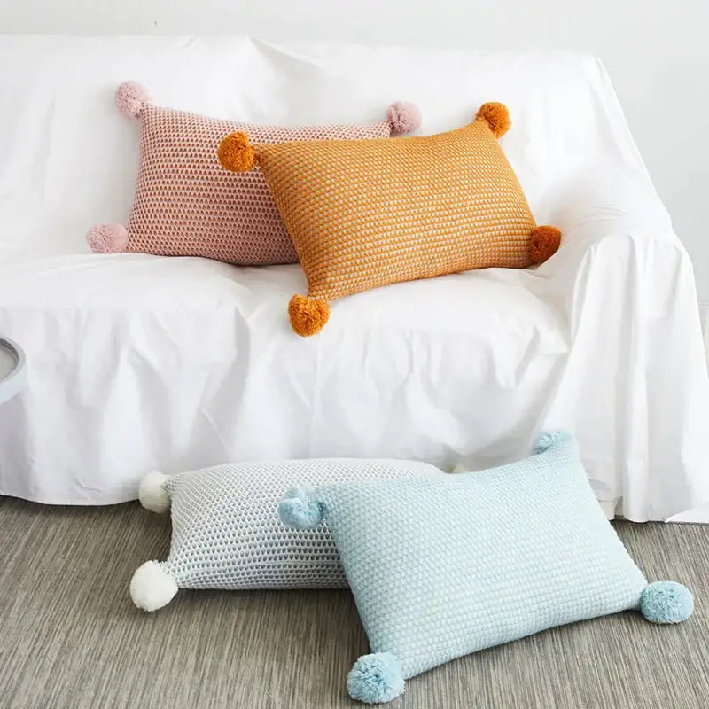 Pastel knit pompom ball cushion cover bedroom decor