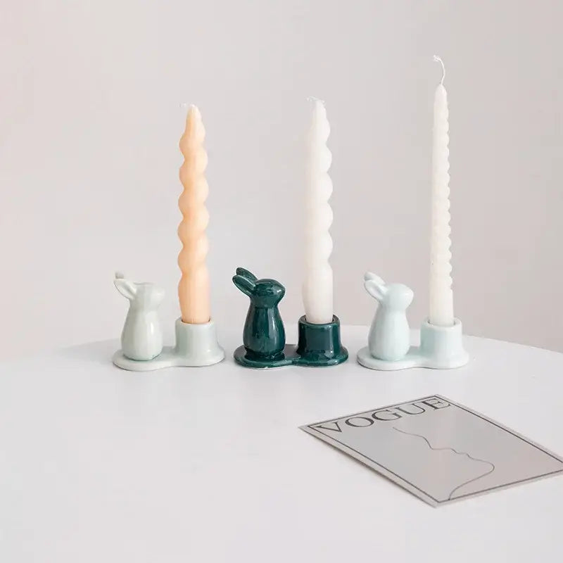 Pastel multi color bunny rabbit ceramic candle holder dining room
