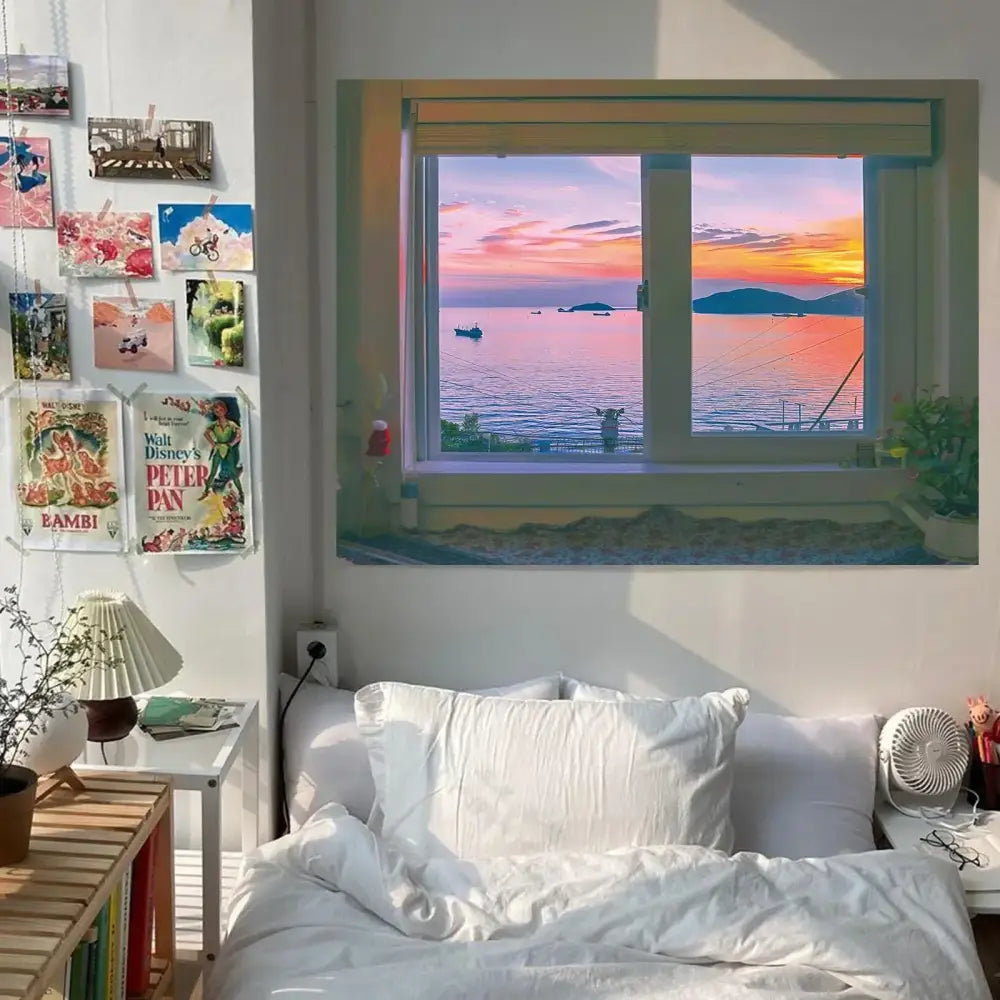 Pastel ocean sunset dreamy window scenery tapestry bedroom wall art