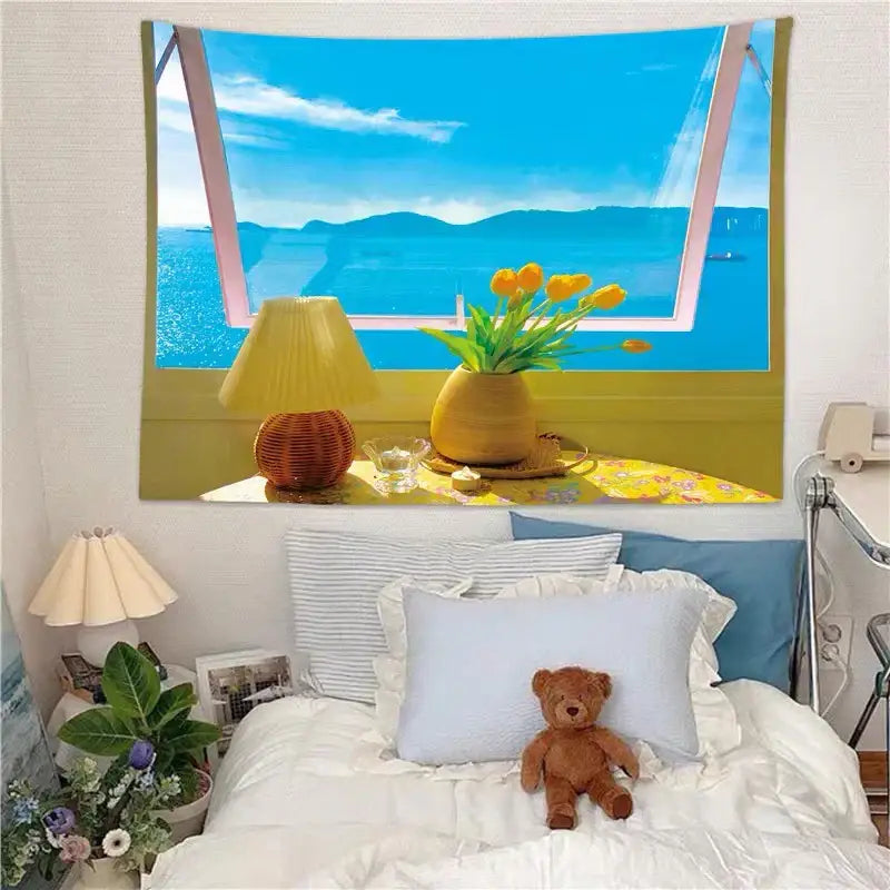 Pastel ocean sunset dreamy window scenery tapestry bedroom wall art