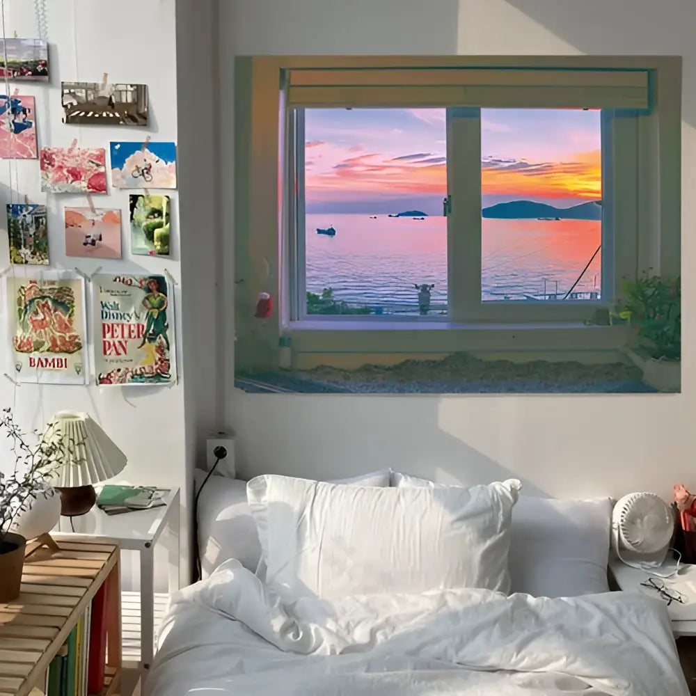 Pastel ocean sunset dreamy window scenery tapestry bedroom wall art