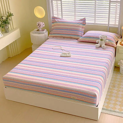 Pastel pink & blue cotton striped fitted sheet bedroom bedding
