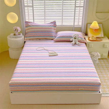 Pastel pink & blue cotton striped fitted sheet bedroom bedding