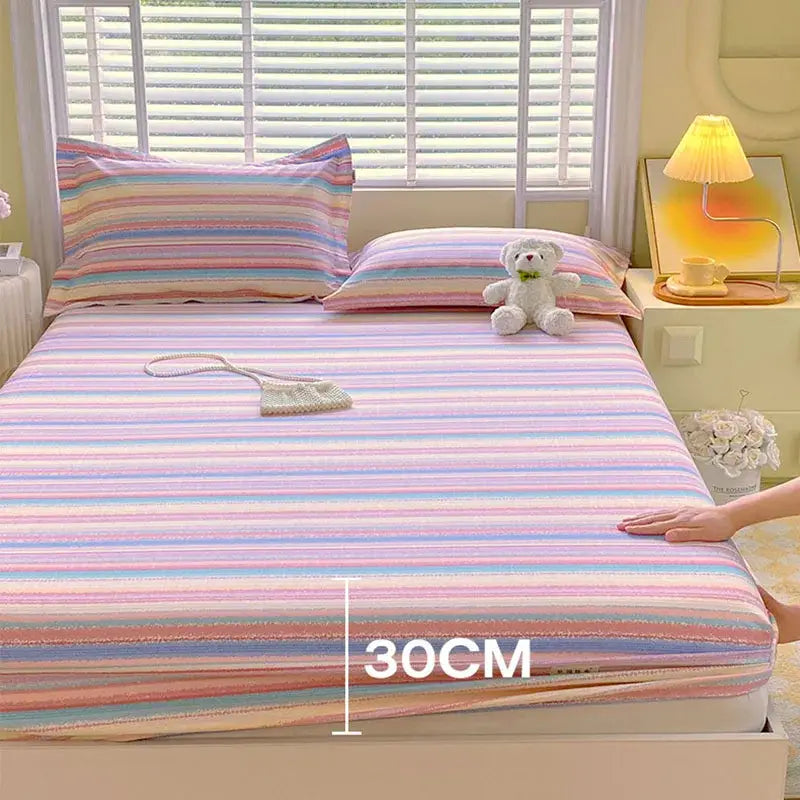 Pastel pink & blue cotton striped fitted sheet bedroom bedding