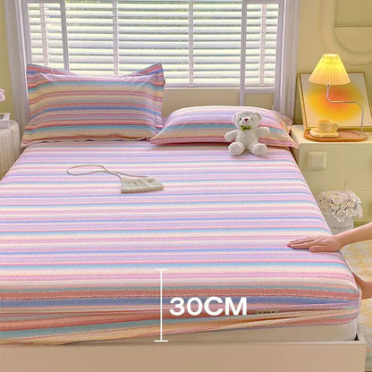Pastel pink & blue cotton striped fitted sheet bedroom bedding
