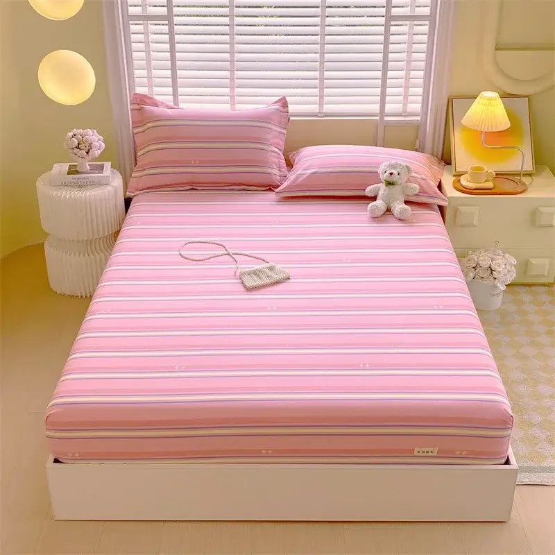 Pastel pink & blue cotton striped fitted sheet bedroom bedding