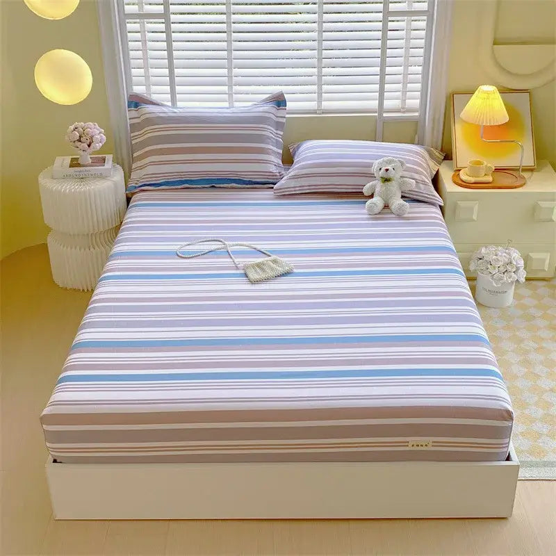 Pastel pink & blue cotton striped fitted sheet bedroom bedding