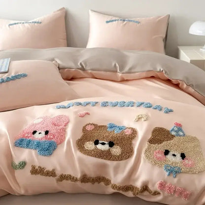 Pastel pink cartoon embroidery cotton bedding set for bedroom