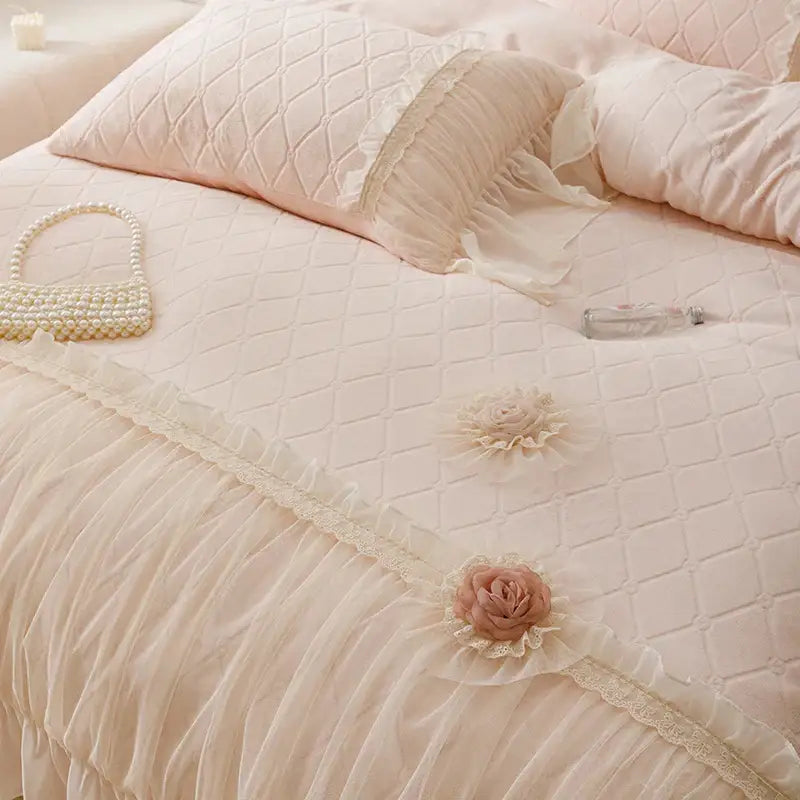 Pastel pink cozy velvet lace flowers bedding set bedroom ruffled trim