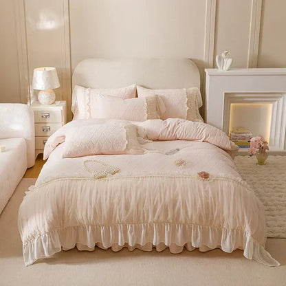 Pastel pink cozy velvet lace flowers bedding set bedroom ruffled trim