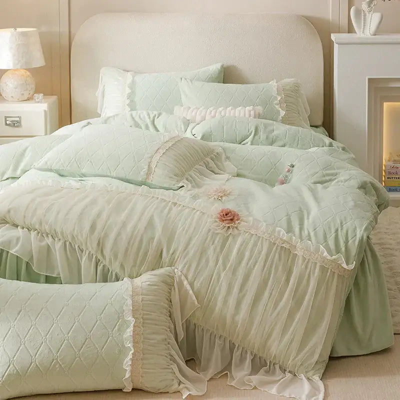 Pastel pink cozy velvet lace flowers bedding set bedroom ruffled trim